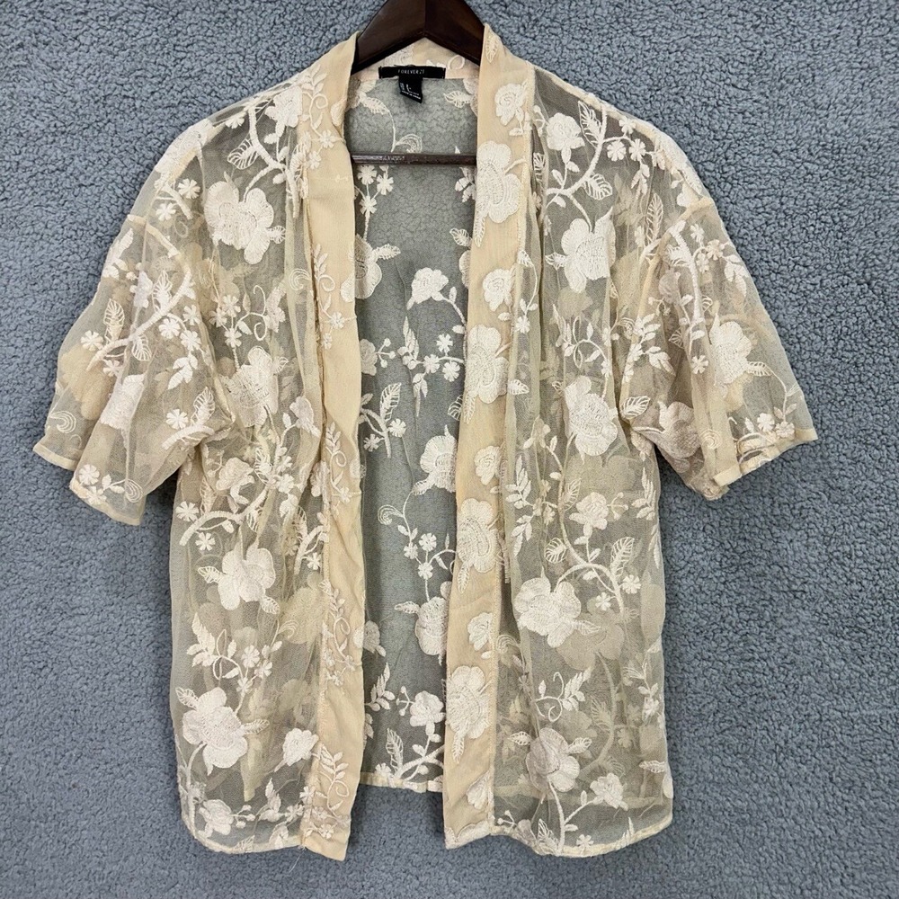 Forever 21 Sheer Floral Lace Kimono Cardigan‎ Small Whimsical Fairy Romantic